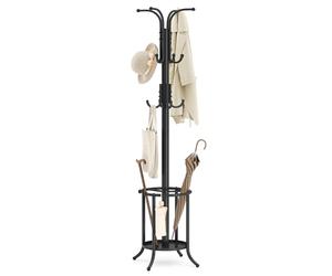 SONGMICS Perchero, Perchero con Paragüero, 12 Ganchos, Estructura Metálica, 175 cm de Alto, para Entrada, Salón, Dormitorio, Negro Tinta RCR011B01