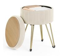 SONGMICS Puff Almacenaje, Baul Almacenaje, Banco Almacenaje Redondo, Taburete de Tocador de Terciopelo, 39 x 44,4 cm, 4 Patas de Metal, Asiento Acolchado, Blanco Crema LOM003W01