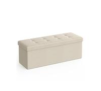 SONGMICS Puff Almacenaje, Baúl de Almacenaje Plegable, 38 x 110 x 38 cm, Taburete Reposapiés, Banco de Cubo, Soporta hasta 300 kg, para Sala de Estar,, Entrada, Blanco Crema/Gris Claro/Marrón