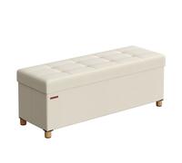 SONGMICS Puff Almacenaje, Baúl Plegable con Patas, 38 x 110 x 40 cm, Banco de Pie de Cama, Banco Almacenaje, Soporta hasta 300 kg, para Sala de Estar, Dormitorio, Entrada, Blanco Crema/ Marrón Camello