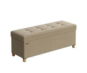 SONGMICS Puff Almacenaje, Baúl Plegable con Patas, 38 x 110 x 40 cm, Banco de Pie de Cama, Banco Almacenaje, Soporta hasta 300 kg, para Sala de Estar, Dormitorio, Entrada, Blanco Crema/ Marrón Camello