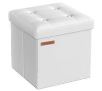 SONGMICS Puff Almacenaje de 38 cm, Banco de Almacenamiento Plegable con Tapa, Reposapiés, Cuero Sintético, Carga de 300 kg, para Entrada, Sala de Estar, Dormitorio, Blanco Nube LSF030W11