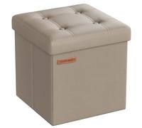SONGMICS Puff Almacenaje de 38 cm, Banco de Almacenamiento Plegable con Tapa, Reposapiés, Cuero Sintético, Carga de 300 kg, para Entrada, Sala de Estar, Dormitorio, Marrón Camello LSF030K13