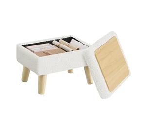 SONGMICS Puff Almacenaje, Taburete de Tela de Peluche, 40 x 30 x 29 cm | Reposapiés con Patas de Madera, para Dormitorio y Salón, Blanco Crema, Colección MACEO LOM518WD01