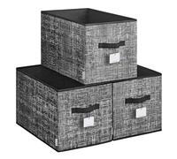 SONGMICS ROB450B01 - Juego de 3 cajas de almacenamiento, plegables, de tela, 50 x 30 x 30 cm, para armario, con 2 asas, portaetiquetas, para dormitorio y salón, negro tinta