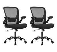 SONGMICS Set de 2, Silla de Oficina, Silla de Malla Ergonómica, Silla de Ordenador, con Soporte Lumbar Acolchado, Respaldo Basculante, Asiento de 53 cm de Ancho, Apoyabrazos Abatibles, Negro Black
