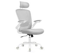 SONGMICS Silla de Oficina, Silla de Escritorio de Malla, Silla Giratoria Ergonómica, Soporte Lumbar, Oscilante, Asiento de 53 cm, Apoyabrazos Abatibles, Reposacabezas, Gris Paloma OBN047G01