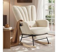 SONGMICS Silla Mecedora, Sillón Mecedora con Reposapiés Extraíble, Cojín Extraíble, Bolsillos Laterales, Patas de Madera, Tejido de Felpa, para Dormitorio y Salón, Gris Paloma , Blanco Crema Cream whi