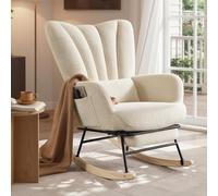SONGMICS Silla Mecedora, Sillón Mecedora con Reposapiés Extraíble, Cojín Extraíble, Bolsillos Laterales, Patas de Madera, Tejido de Felpa, para Dormitorio y Salón, Blanco Crema LYY018W101