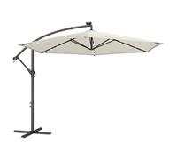 SONGMICS Sombrilla para Balcón con Iluminación LED Solar, Brazo de 300 cm de Diámetro, 32 Luces, con Base, Parasol UPF 50+, con Manivela, para Terraza, Jardín, Beige GPU118M01
