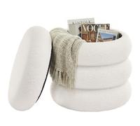 SONGMICS Taburete de Tocador, Puff Redondo con Almacenamiento, Reposapiés Acolchado, Tapa Extraíble, Salón Dormitorio Recibidor, Fácil de Montar, 43 x 47 cm, Peluche, Blanco LOM015WD01