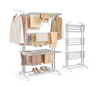 SONGMICS Tendedero Plegable de 4 Niveles, con Ruedas, Alas Plegables, 126,6 x 64,2 x 169,2 cm, Gran Capacidad, Montaje Fácil, Uso Interior y Exterior, Gris Plateado y Blanco LLR701EW01