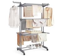 SONGMICS Tendedero Plegable de 4 Niveles, con Ruedas, Alas Plegables, 63,5 x 128 x 173 cm, Gran Capacidad, Montaje Fácil, Uso Interior y Exterior, Gris LLR701G01