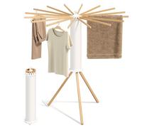 SONGMICS Tendedero Vertical, Plegable y Portátil, Ahorro de Espacio, Giratorio, Extensible, para Lavadero y Balcón, 16 Brazos de Madera, Natural LLR530YW01