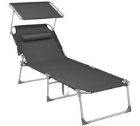 SONGMICS Tumbona, Tumbona Plegable, Tumbona Reclinable, 71 x 200 x 38 cm, Carga de 150 kg, con Reposacabezas Protección Solar y Respaldo Ajustable, para Terraza Piscina Jardín, Azul Oscuro/Gris Ahumad