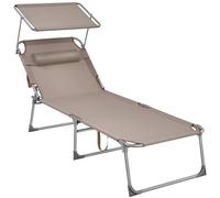 SONGMICS Tumbona, Tumbona Plegable, Tumbona Reclinable, 71 x 200 x 38 cm, Carga de 150 kg, con Reposacabezas Protección Solar y Respaldo Ajustable, para Terraza Piscina Jardín, Greige/Azul/Topo Mole