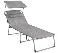 SONGMICS Tumbona, Tumbona Plegable, Tumbona Reclinable, 71 x 200 x 38 cm, Carga de 150 kg, con Reposacabezas Protección Solar y Respaldo Ajustable, para Terraza Piscina Jardín, Greige/Azul/Topo