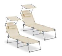 SONGMICS Tumbonas Plegables, 189 x 53 x 28,5 cm, Juego de 2 Tumbonas para Jardín, con Cojines, Cada Una con Carga 110 kg, con Parasol y Respaldo Ajustables, para Terraza y Balcón, Beige GCB292WZ02