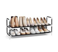 SONGMICS Zapatero de 2 Niveles, Organizador de Zapatos para Entrada Amario, Fino y Ahorra Espacio, Marco de Metal, Estantes de Tela no Tejida, Negro LSH052B01