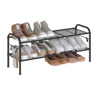 SONGMICS Zapatero, Organizador Zapatos de 2 Niveles, Estante Metálico para Zapatos con 4 Ganchos Laterales, para 10 Pares, Altura Ajustable para Entrada, Pasillo, Armario, Fácil Montaje, Negro Tinta
