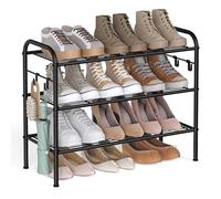 SONGMICS Zapatero, Organizador Zapatos de 3 Niveles, Estante Metálico para Zapatos con 4 Ganchos Laterales, para 12 Pares, Altura Ajustable para Entrada, Pasillo, Armario, Fácil Montaje, Negro Tinta