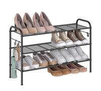 SONGMICS Zapatero, Organizador Zapatos de 3 Niveles, Estante Metálico para Zapatos con 4 Ganchos Laterales, para 15 Pares, Altura Ajustable para Entrada, Pasillo, Armario, Fácil Montaje, Negro Tinta