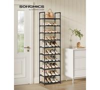 SONGMICS Zapatero, Organizador Zapatos,10 Baldas, Zapatero Abierto Estrecho, 28 x 45 x 173 cm, Marco de Metal, Estantes de Tela no Tejida, para Pasillo, Dormitorio, Negro/Gris Negro