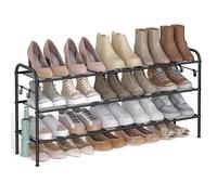 SONGMICS Zapatero, Organizador Zapatos de 3 Niveles, Estante Metálico para Zapatos con 4 Ganchos Laterales, para 18 Pares, Altura Ajustable para Entrada, Pasillo, Armario, Fácil Montaje, Negro Tinta