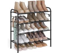 SONGMICS Zapatero, Organizador Zapatos de 4 Niveles, Estante Metálico para Zapatos con 4 Ganchos Laterales, para 16 Pares, Altura Ajustable para Entrada, Pasillo, Armario, Fácil Montaje, Negro Tinta
