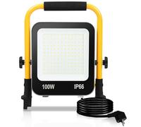 Sonnewelt - Proyector de construcción LED (2 x 100 W, 10000 lm, IP66 LED, impermeable, 6000 K, color blanco frío, con enchufe, soporte plegable para interior y exterior