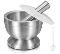 Sopito Mortero con mortero, 380 ml, de acero inoxidable, con tapa, cepillo, base antideslizante para moler hierbas, especias, píldoras, 11,7 cm de diámetro