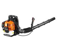 Soplador de hojas portátil, con motor de 43 cc de 2 tiempos, funciona con gasolina, tiene un depósito de combustible de 1.38 litros, un volumen de aire de 815 m³/h, una velocidad del aire de 241 km/h.