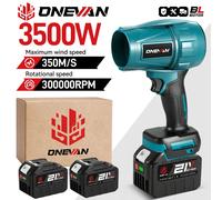 Soplador eléctrico turbo sin escobillas ONEVAN de 3500W, ventilador a reacción de 350M/S, secador de autos, herramienta para soplar nieve y polvo, compatible con batería Makita de 18V. 2 Big Battery S