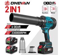 Soplador turbo eléctrico sin escobillas ONEVAN de 3500W, ventilador a reacción 2 en 1, herramienta para aspirar y soplar hojas y polvo a 350M/S, compatible con batería Makita de 18V. 2X3.0Ah Battery