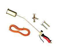 Soplete de calentamiento en kit. Composición: 1 soplete de palanca de 70 cm con quemador de 60 mm de diámetro, potencia de 35 kW, 1 tubo de goma conectado de 10 metros, 1 regulador para gas.