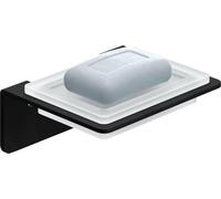 Soporte adhesivo para jabón de la marca Unyqoos® para montaje en pared sin necesidad de taladro. Plato de vidrio cuadrado con base de acero inoxidable cepillado en color . Dimensiones: 11,1 x 13 x 8 c