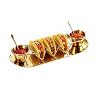 Soporte de concha de taco con taza de salsa de 3 ranuras de acero | Bandeja para servir tacos de cocina, restaurante, cena, bufé, barbacoa, picnic, camping, festival, reunión y fiesta