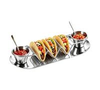 Soporte de concha de taco con taza de salsa de 3 ranuras de acero | Bandeja para servir tacos de cocina, restaurante, cena, bufé, barbacoa, picnic, camping, festival, reunión y fiesta