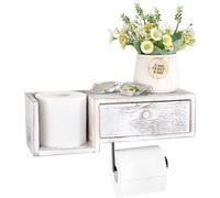 Soporte de papel higiénico de pared Unyqoos® con estante y cajón, fabricado en madera maciza de pino, estructura de acero cepillado, color blanco, dimensiones: 37 x 17 x 14 cm
