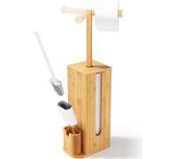 Soporte de papel higiénico de pie con escobilla para el inodoro – Set de baño de bambú 3 en 1 – Dispensador de papel higiénico con espacio para la escobilla – 71,6 x 15,5 x 21,5 cm
