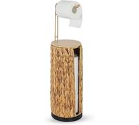 Soporte de papel higiénico de pie Ibenzoa® hecho de junco natural trenzado a mano, con capacidad para 3 rollos de repuesto, tapa y estante, dimensiones: 16 x 16 x 61,5 cm