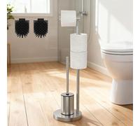 Soporte de papel higiénico de pie - Soporte de papel higiénico de pie con escobilla para inodoro - Juego de accesorios para baño con espacio para 2 rollos de repuesto y 2 cabezales de escobilla