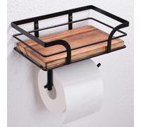Soporte de papel higiénico de Unyqoos® para montaje en la pared, con estante de madera y compartimento para toallitas húmedas, estructura de metal resistente, con opción de fijación adhesiva o con tor