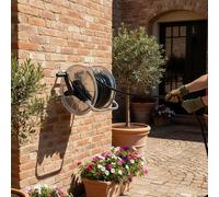 Soporte de Pared para Manguera de Riego 38,5x28,5x36cm para Jardín, Césped, Patio, Capacidad 50m 1/2" 35m 3/4" Estructura Metálica Montaje en Pared Soporte con Manivela Giratoria Argent
