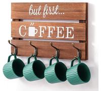 Soporte de pared para tazas Unyqoos®: Estante para tazas hecho de madera de pino maciza con 4 ganchos dobles (40x25 cm), ganchos de metal, diseño vintage "But First Coffee" ideal para cocina y cafeter