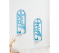 Soporte de pared para velas marítimo vintage Ibzenoa®, juego de 2 unidades, de metal, en azul y blanco con aspecto envejecido, decoración de estrella de mar, 33 × 14 cm, plato para velas de 9 cm de di