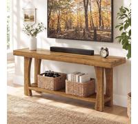Soporte de TV de madera maciza para televisores de 55, 60, 65 y 70 pulgadas, consola multimedia de estilo rústico con patas cónicas y dos estantes abiertos, bancos de TV para sala de estar y entrada