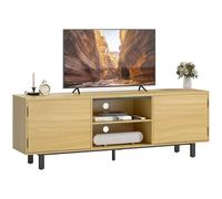 Soporte de TV HOMCOM 160 cm, soporte de TV para televisores de hasta 65" con 2 puertas y 2 estantes abiertos, patas de metal, banco de TV para salón, dormitorio, madera natural
