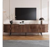 Soporte de TV ovalado, nogal oscuro, diseño de rayas verticales, 4 cajones y 1 armario, diseño de puerta de persiana, mueble de TV, armarios bajos, armario de salón, adecuado para hasta 80 pulgadas