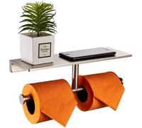 Soporte doble para papel higiénico y dispensador de papel, fabricado en latón macizo, con acabado cromado de alto brillo. Incluye un estante de 30x9 cm, apto para rollos de hasta 13 cm de diámetro. Pe
